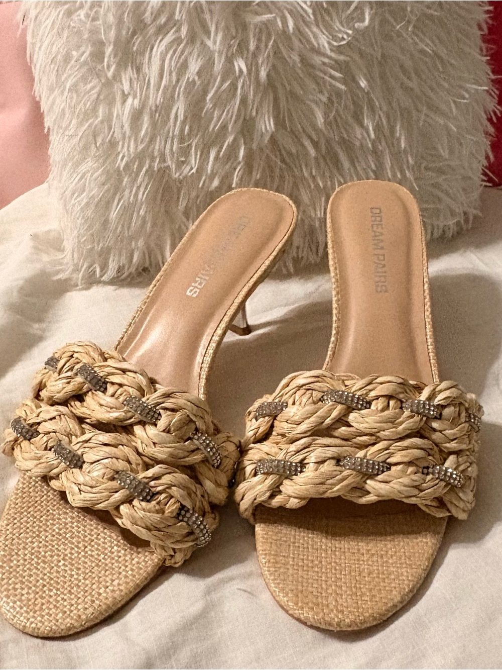Dream Pairs Braided Tan Slide Heels with Rhinestone Detail